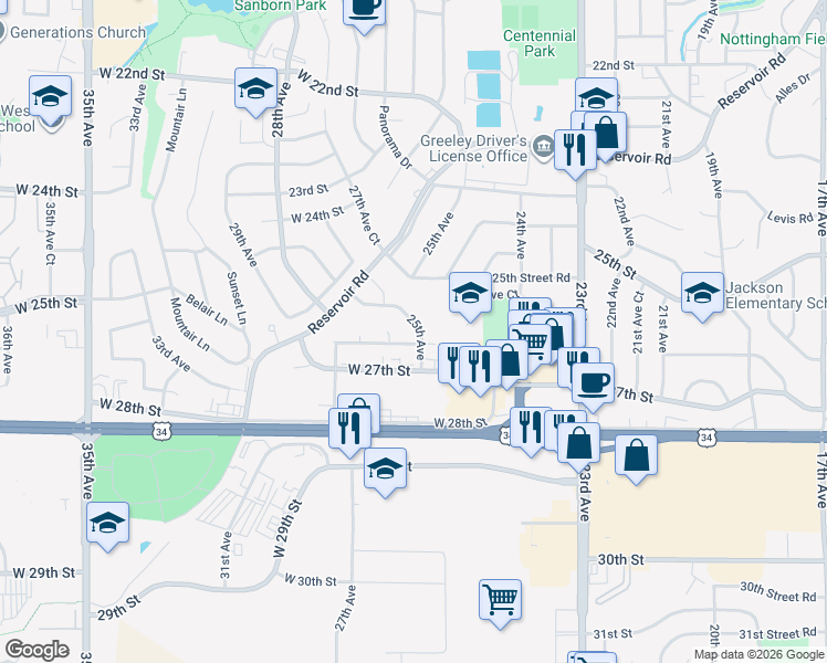 map of restaurants, bars, coffee shops, grocery stores, and more near 2615 25th Avenue in Greeley