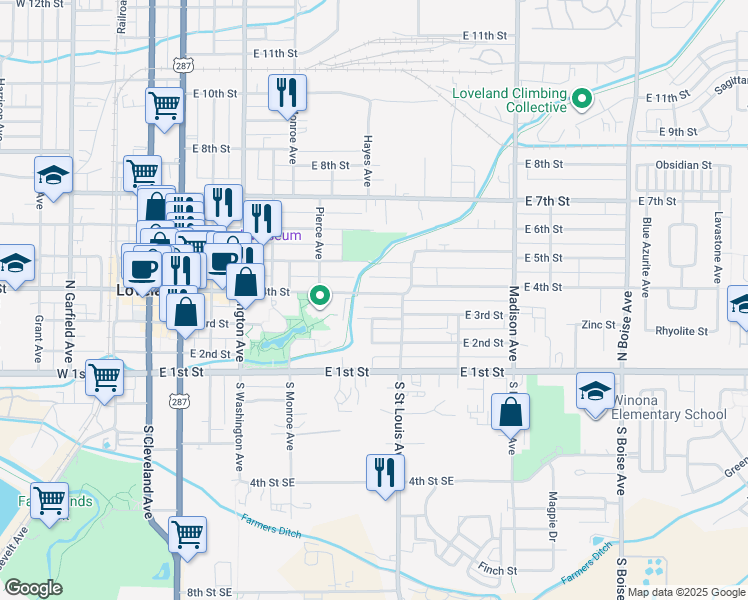 map of restaurants, bars, coffee shops, grocery stores, and more near 950 East 4th Street in Loveland