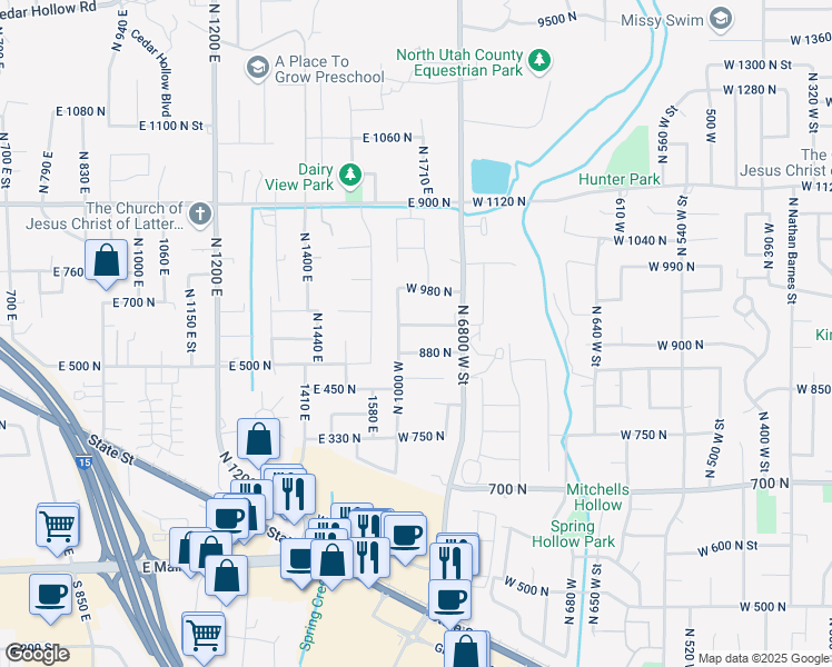 map of restaurants, bars, coffee shops, grocery stores, and more near 985 West Sunrise Lane in American Fork