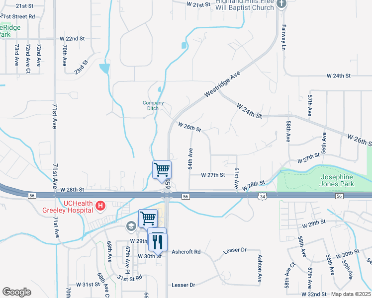 map of restaurants, bars, coffee shops, grocery stores, and more near 2631 64th Avenue in Greeley