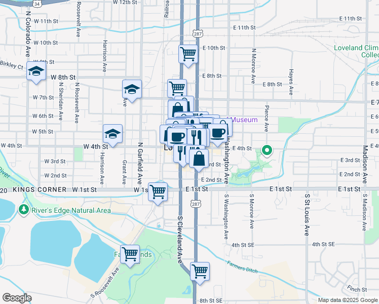 map of restaurants, bars, coffee shops, grocery stores, and more near 228 East 4th Street in Loveland