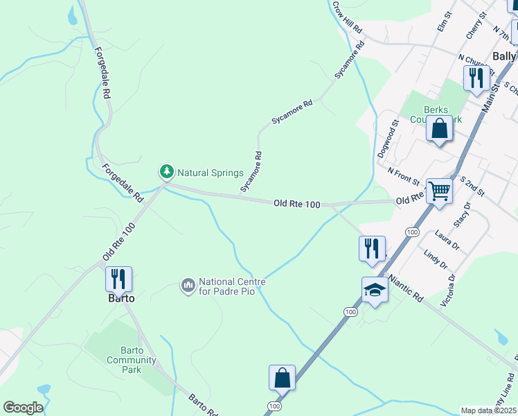 map of restaurants, bars, coffee shops, grocery stores, and more near 2427 Old Route 100 in Barto