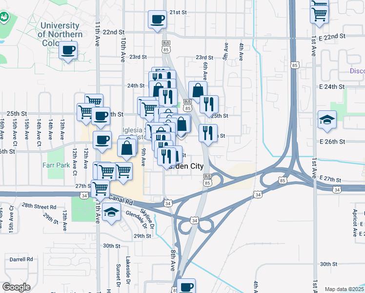 map of restaurants, bars, coffee shops, grocery stores, and more near 2608 7th Avenue in Garden City