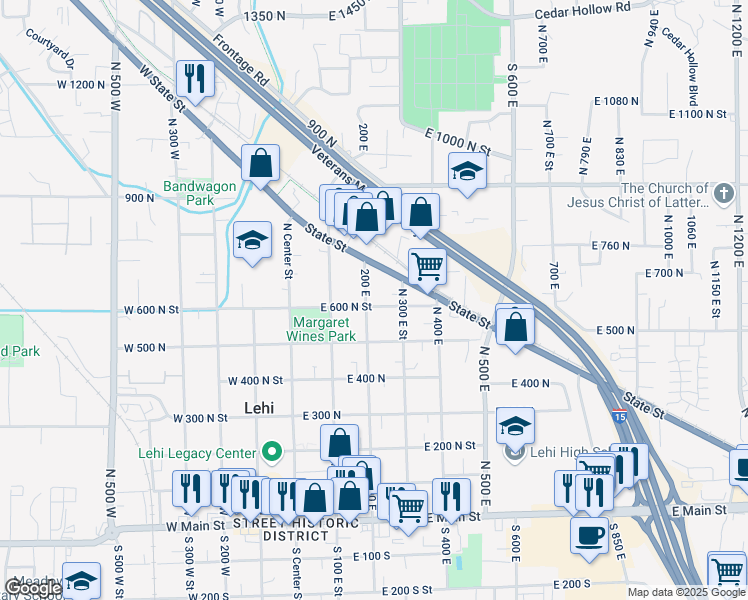 map of restaurants, bars, coffee shops, grocery stores, and more near 215 East 600 North Street in Lehi