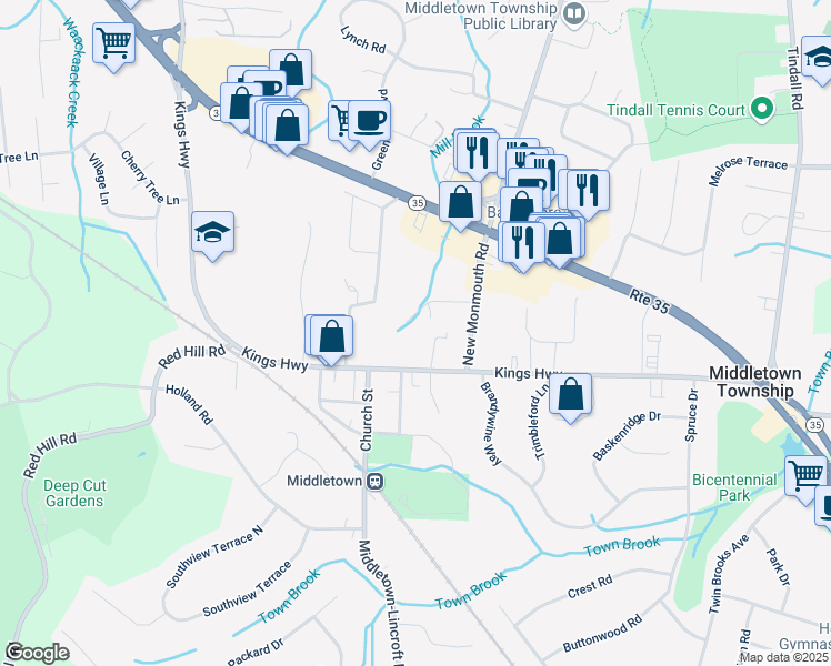 map of restaurants, bars, coffee shops, grocery stores, and more near 22 Winding Brook Way in Middletown Township