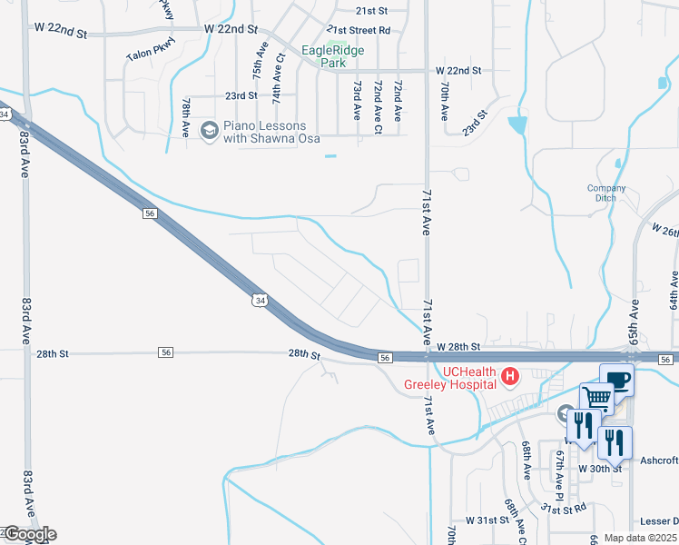 map of restaurants, bars, coffee shops, grocery stores, and more near 2775 71st Avenue in Greeley