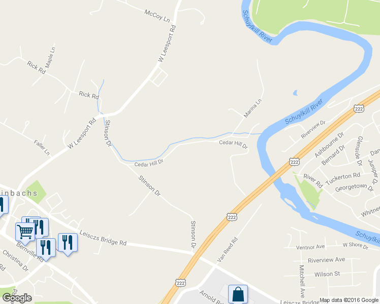 map of restaurants, bars, coffee shops, grocery stores, and more near 1057 Cedar Hill Drive in Reading