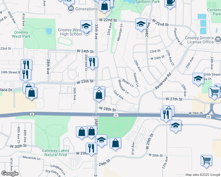 map of restaurants, bars, coffee shops, grocery stores, and more near 3308 West 26th Street in Greeley
