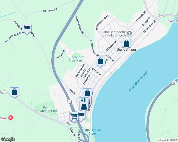 map of restaurants, bars, coffee shops, grocery stores, and more near 326 Lincoln Street in Duncannon