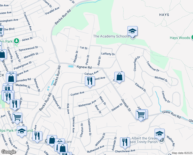 map of restaurants, bars, coffee shops, grocery stores, and more near 633 Brinwood Avenue in Pittsburgh