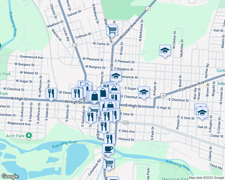 map of restaurants, bars, coffee shops, grocery stores, and more near 112 North Main Street in Mount Vernon