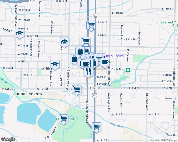 map of restaurants, bars, coffee shops, grocery stores, and more near in Loveland