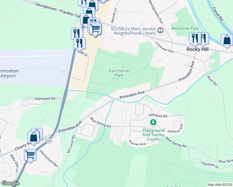 map of restaurants, bars, coffee shops, grocery stores, and more near 99 Princeton Avenue in Rocky Hill