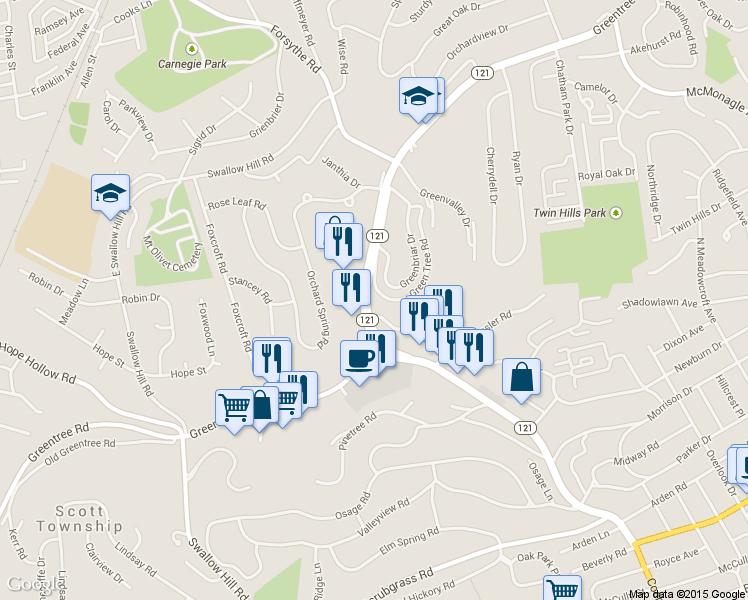 map of restaurants, bars, coffee shops, grocery stores, and more near 1899 Greentree Road in Pittsburgh