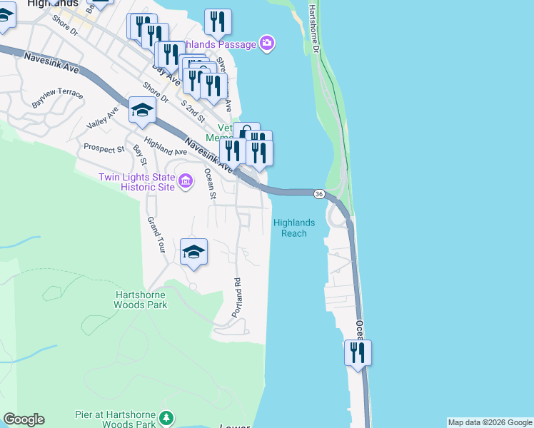 map of restaurants, bars, coffee shops, grocery stores, and more near 53 South Bay Avenue in Highlands