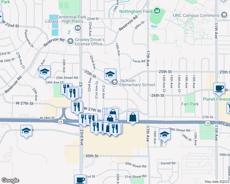 map of restaurants, bars, coffee shops, grocery stores, and more near 2002 25th Street in Greeley