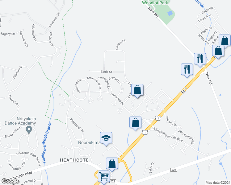 map of restaurants, bars, coffee shops, grocery stores, and more near 13 Foxtail Lane in South Brunswick Township