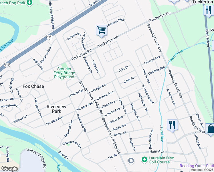 map of restaurants, bars, coffee shops, grocery stores, and more near 722 Georgia Avenue in Reading