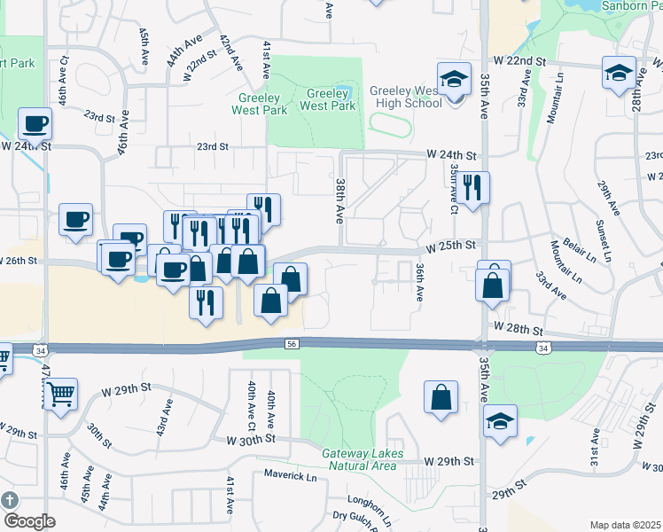 map of restaurants, bars, coffee shops, grocery stores, and more near 3660 West 25th Street in Greeley
