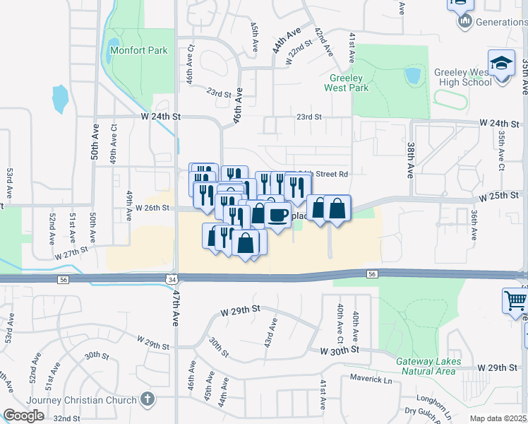 map of restaurants, bars, coffee shops, grocery stores, and more near 4514 Centerplace Drive in Greeley