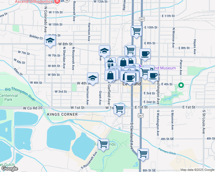 map of restaurants, bars, coffee shops, grocery stores, and more near 339 North Garfield Avenue in Loveland