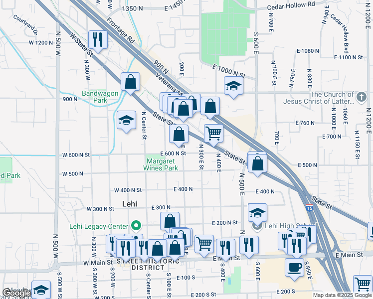 map of restaurants, bars, coffee shops, grocery stores, and more near 215 East 600 North Street in Lehi