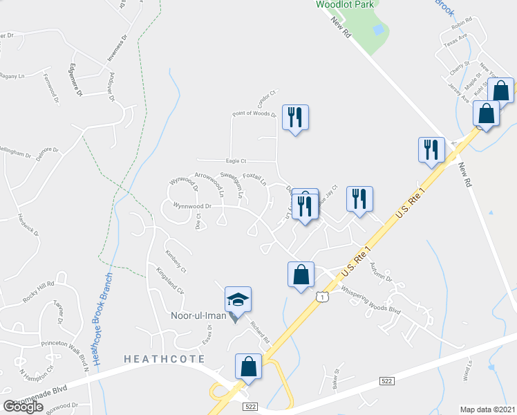 map of restaurants, bars, coffee shops, grocery stores, and more near 16 Foxtail Lane in South Brunswick Township