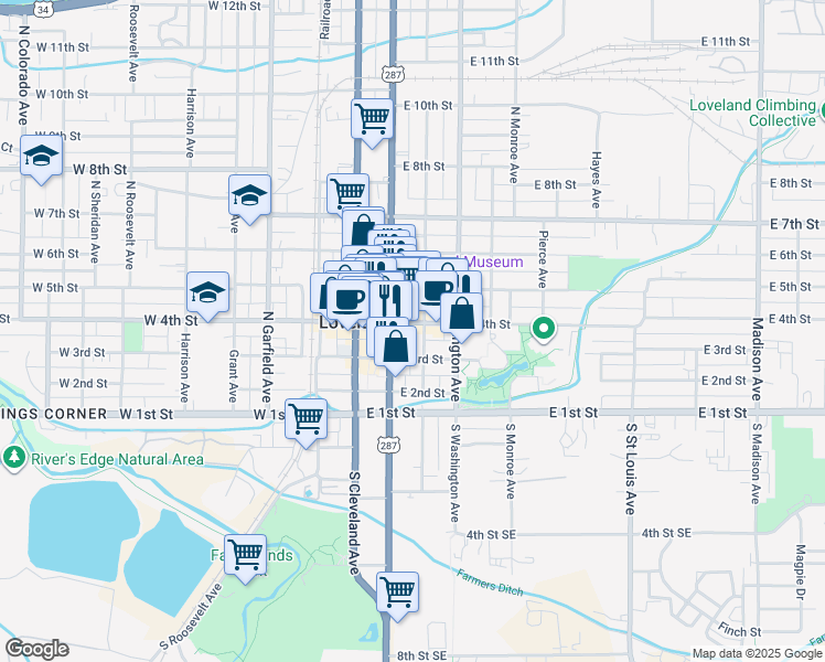 map of restaurants, bars, coffee shops, grocery stores, and more near 349 North Jefferson Avenue in Loveland