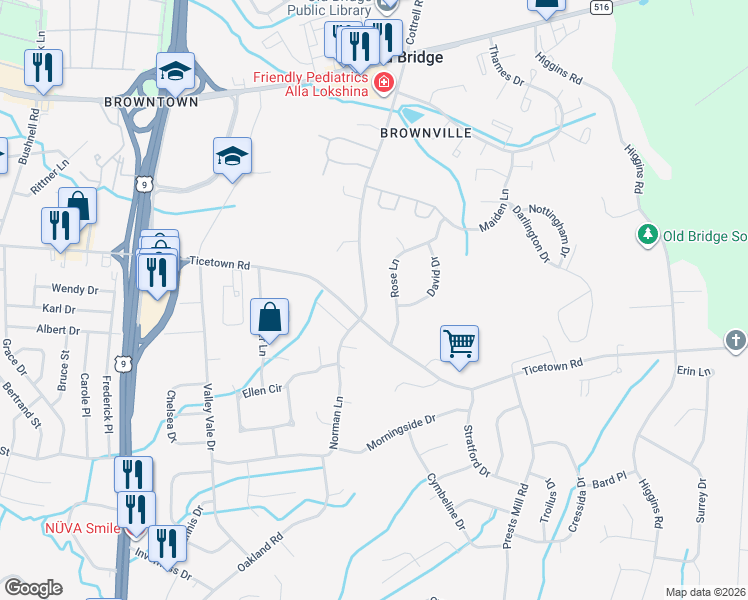 map of restaurants, bars, coffee shops, grocery stores, and more near in Old Bridge