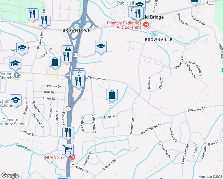map of restaurants, bars, coffee shops, grocery stores, and more near 7 Jennifer Lane in Old Bridge Township