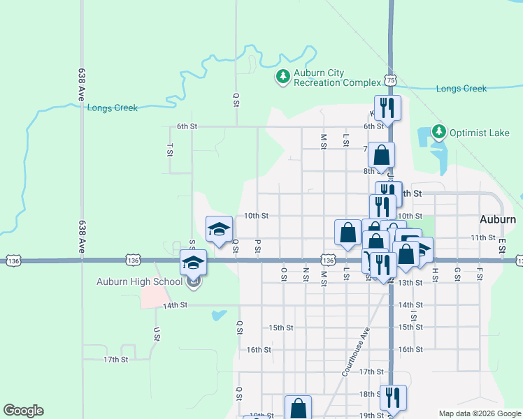 map of restaurants, bars, coffee shops, grocery stores, and more near 1602 10th Street in Auburn