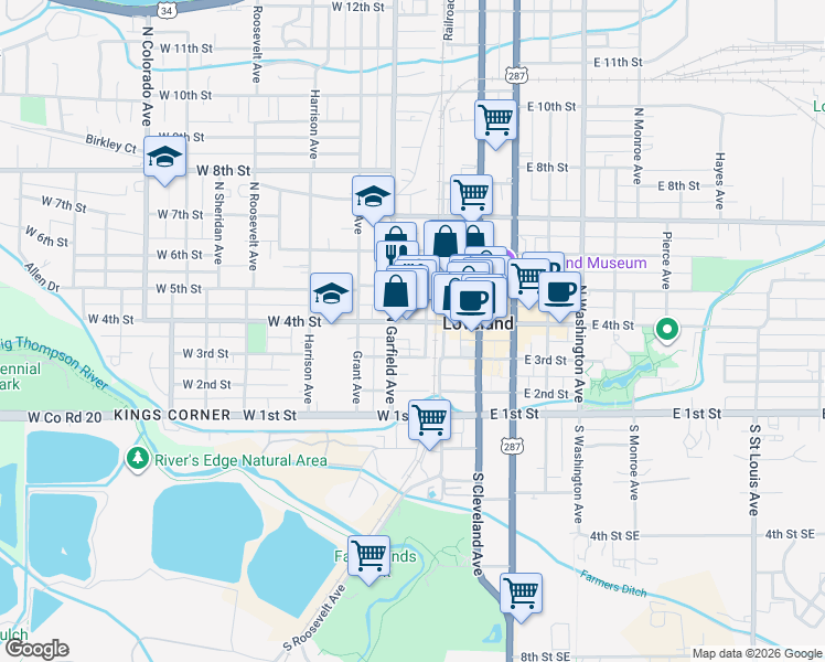 map of restaurants, bars, coffee shops, grocery stores, and more near 323 Railroad Avenue in Loveland