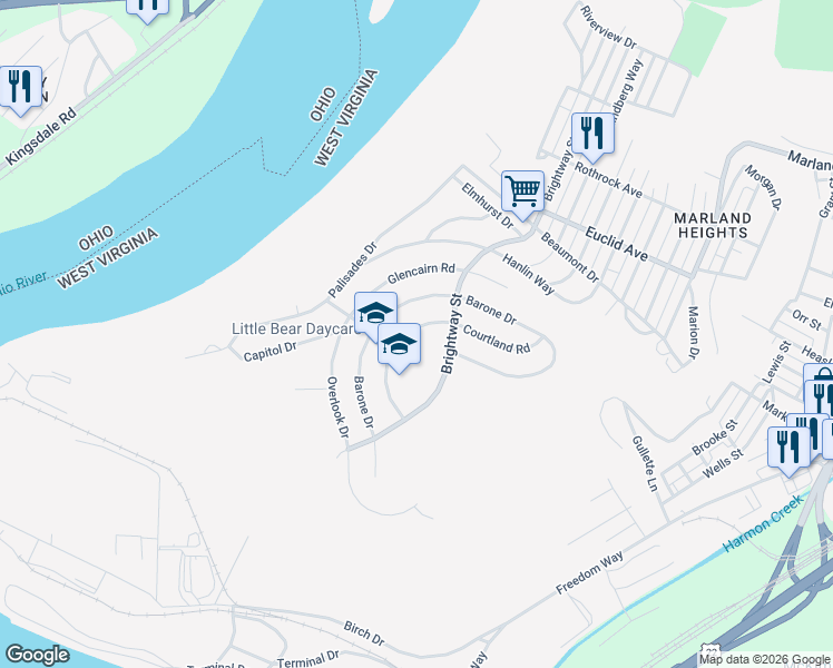 map of restaurants, bars, coffee shops, grocery stores, and more near 1210 Courtland Rd in Weirton