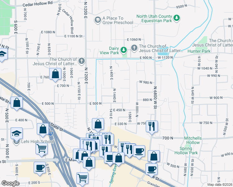 map of restaurants, bars, coffee shops, grocery stores, and more near 556 North 1440 East in Lehi