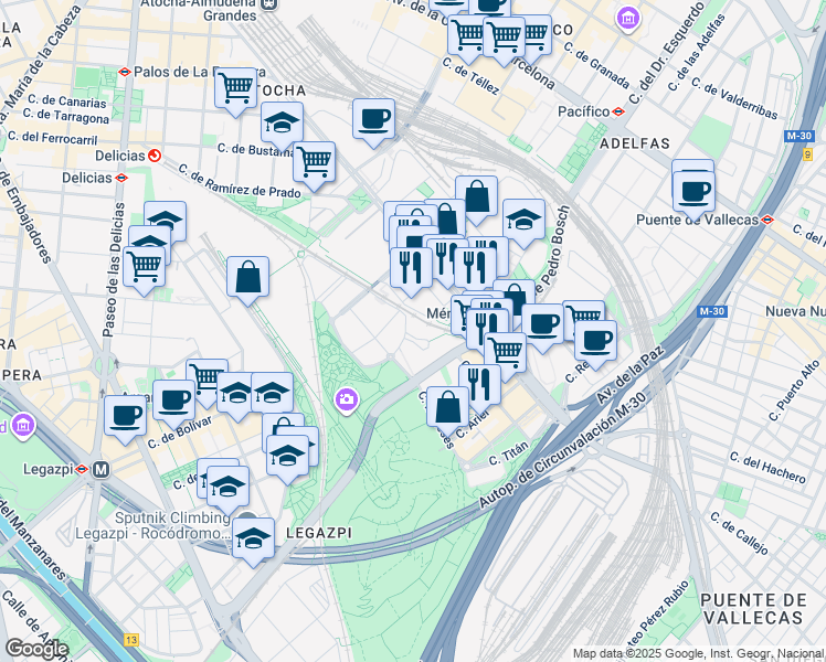 map of restaurants, bars, coffee shops, grocery stores, and more near 32 Calle Amaltea in Madrid