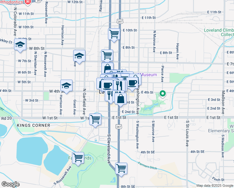 map of restaurants, bars, coffee shops, grocery stores, and more near 365 North Lincoln Avenue in Loveland