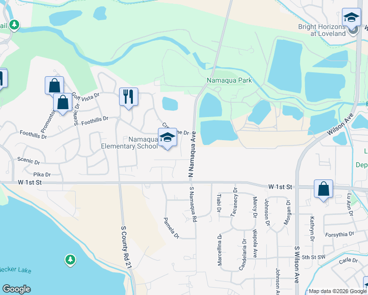 map of restaurants, bars, coffee shops, grocery stores, and more near 264 Medina Court in Loveland