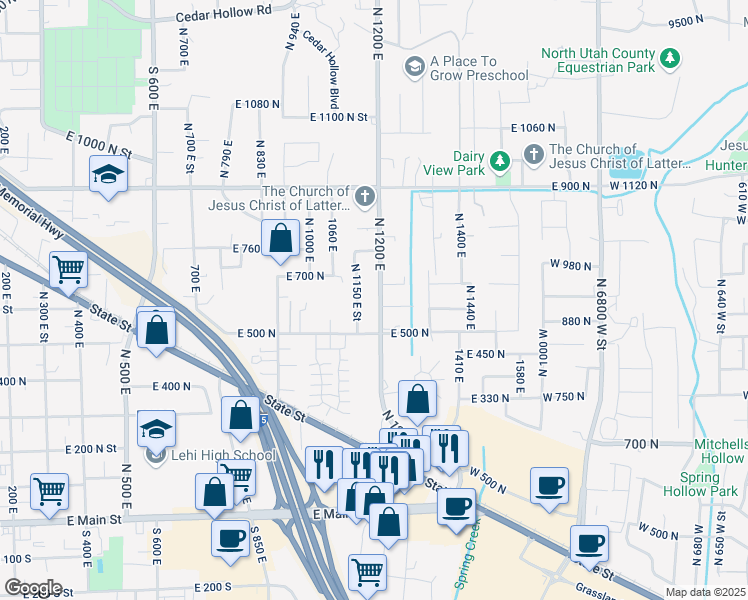 map of restaurants, bars, coffee shops, grocery stores, and more near 595 North 1200 East in Lehi