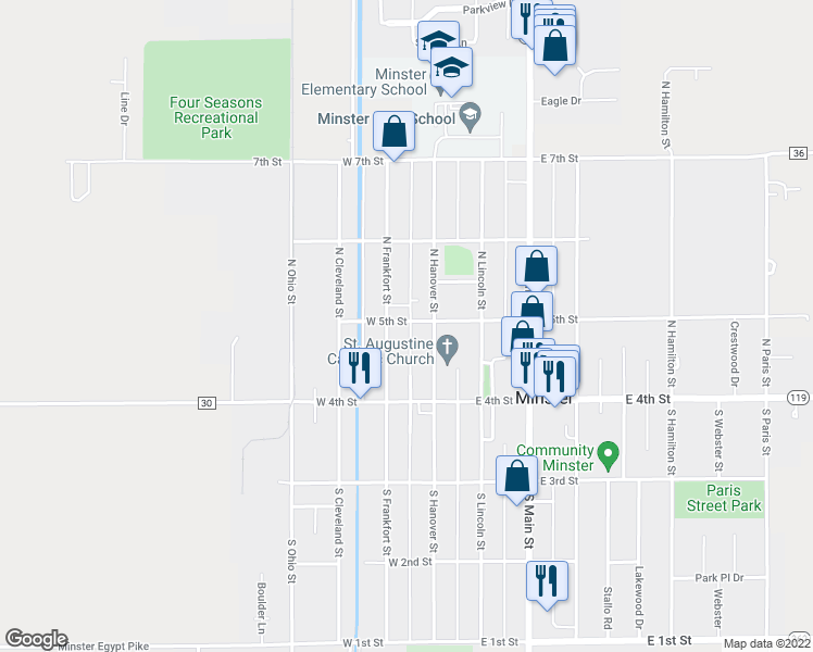 map of restaurants, bars, coffee shops, grocery stores, and more near 85 North Hanover Street in Minster