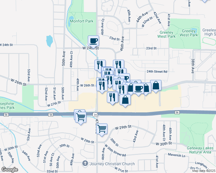 map of restaurants, bars, coffee shops, grocery stores, and more near 4650 Centerplace Drive in Greeley