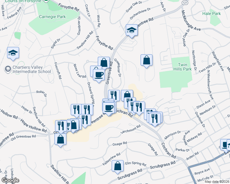 map of restaurants, bars, coffee shops, grocery stores, and more near 1899 Greentree Road in Pittsburgh
