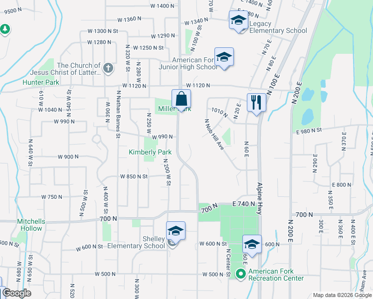 map of restaurants, bars, coffee shops, grocery stores, and more near 904 North 150 West Street in American Fork