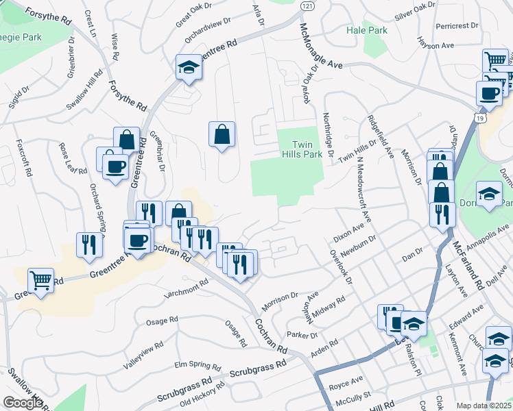 map of restaurants, bars, coffee shops, grocery stores, and more near 1900 Cochran Road in Pittsburgh