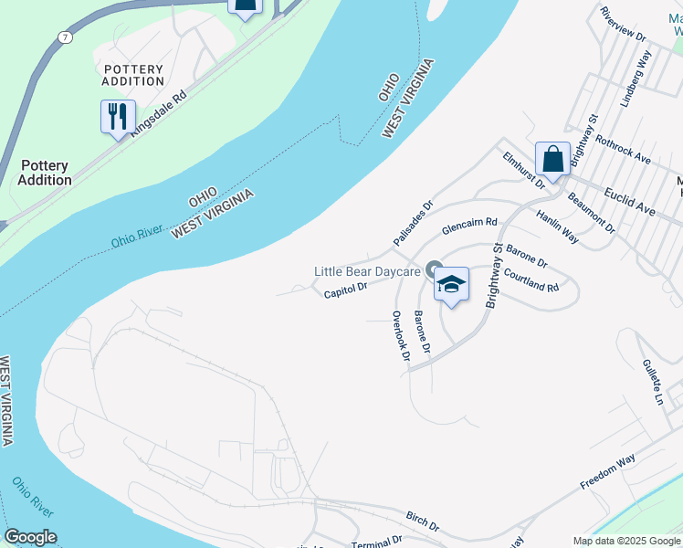 map of restaurants, bars, coffee shops, grocery stores, and more near 161 Capitol Drive in Weirton