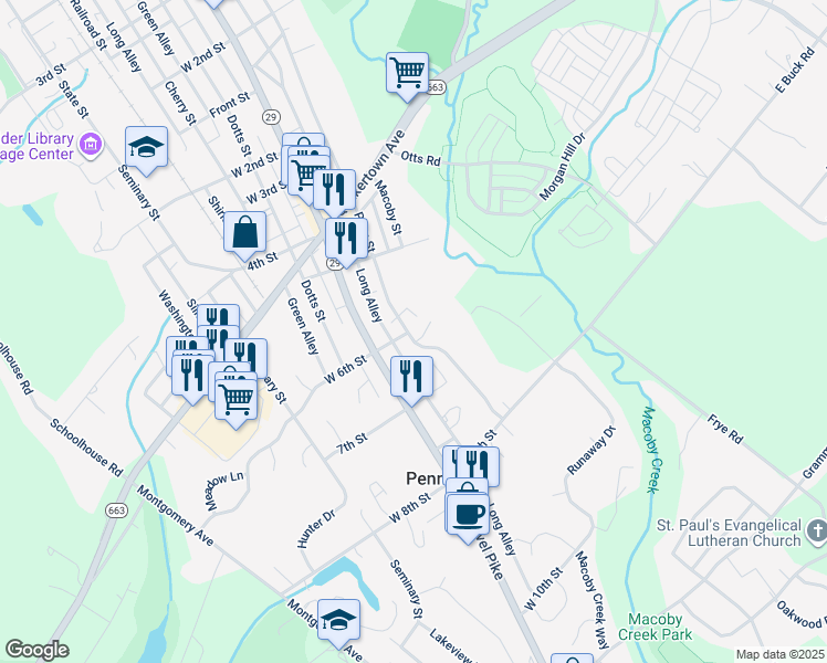 map of restaurants, bars, coffee shops, grocery stores, and more near 602 Penn Street in Pennsburg