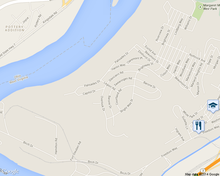 map of restaurants, bars, coffee shops, grocery stores, and more near 1305 Legion Rd in Weirton