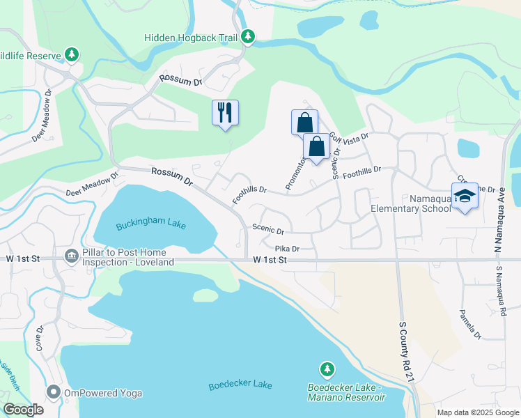 map of restaurants, bars, coffee shops, grocery stores, and more near 4618 Twin Peaks Court in Loveland