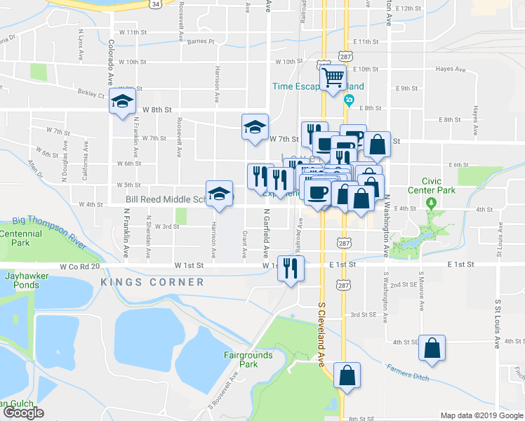 map of restaurants, bars, coffee shops, grocery stores, and more near 339 North Garfield Avenue in Loveland