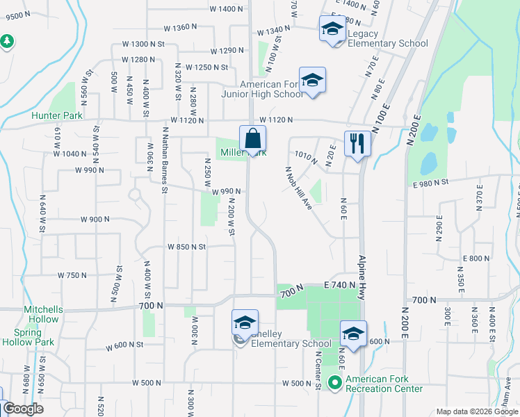 map of restaurants, bars, coffee shops, grocery stores, and more near 904 North 150 West Street in American Fork
