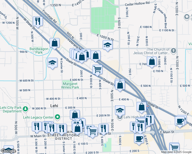 map of restaurants, bars, coffee shops, grocery stores, and more near 612 North 300 West in Lehi